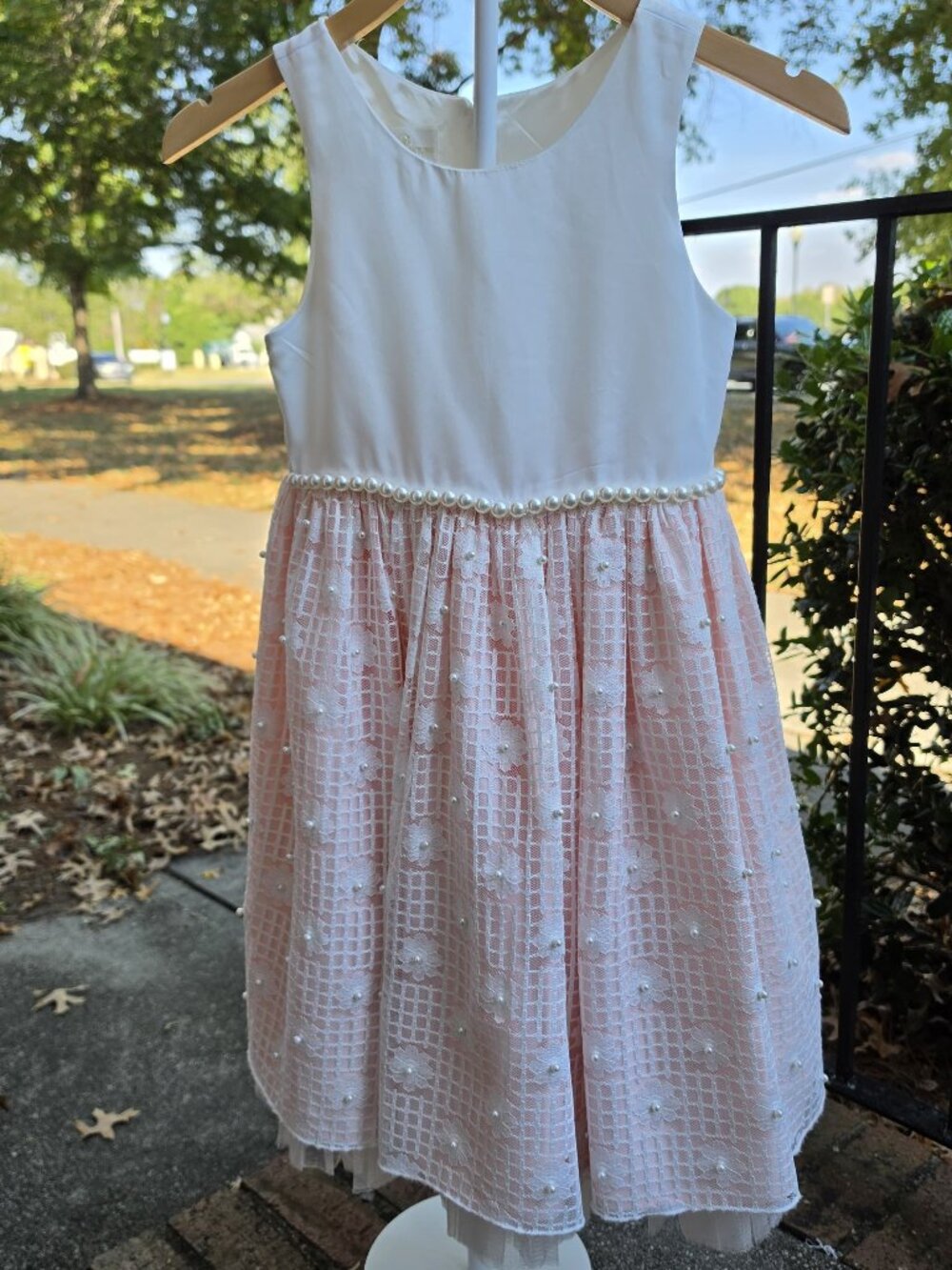 American Princess Girls Size 7-8 Pink White Lace Pearl Dress & Cardigan Set